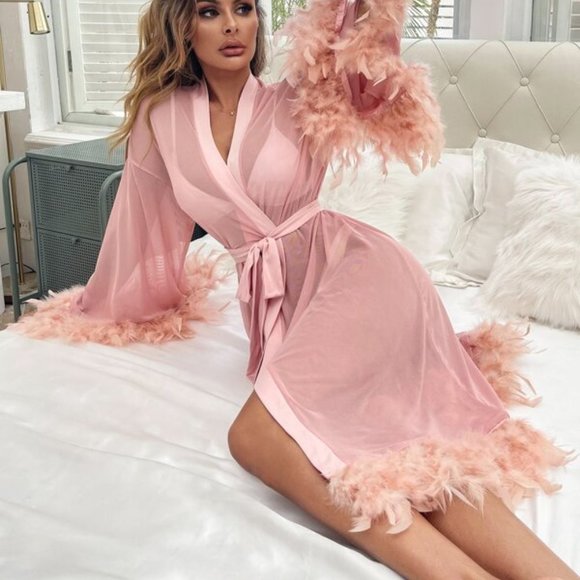 MODA ME COUTURE Other - Belted Mesh Sleep Robe with feather hem & cuffs